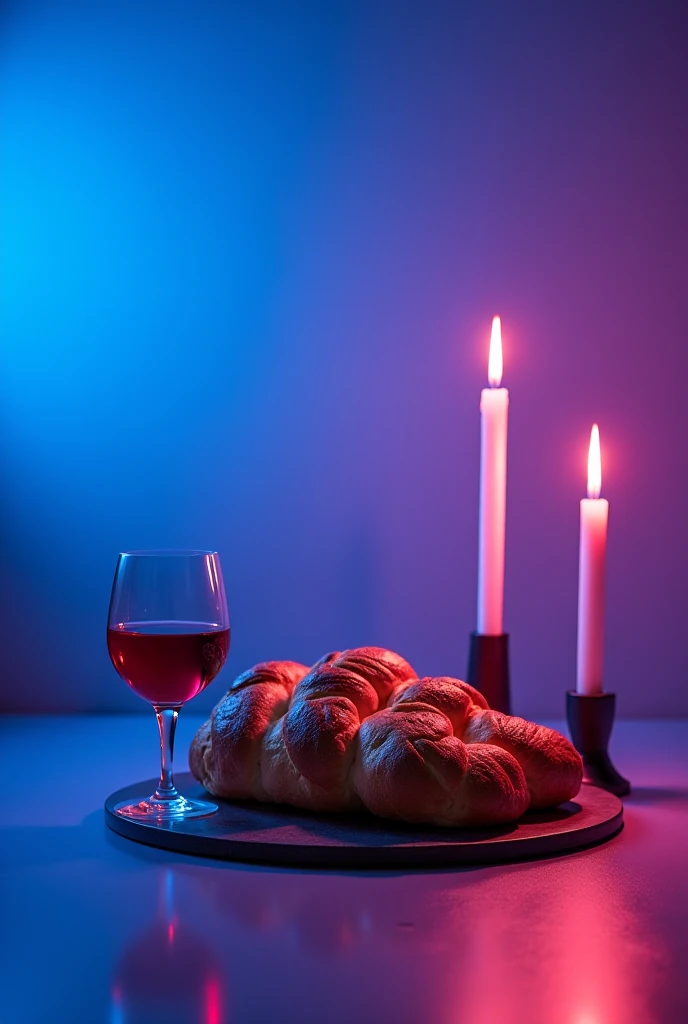 A blue pink neón color background add a cup of wine, two candles and challah bread wishing you shabbat shalom 