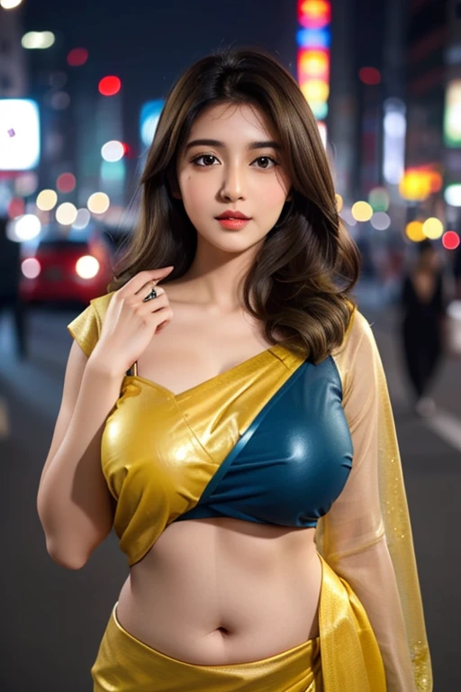 ((desi girl))), chubby face, natural skin, wearing saree  blue and yellow  blouse, black hair, ((hair ends are brown )), greenary night city background, bokeh , big breasts big waist young sensual actress model big cheeks big chubby cheeks, belly button sh...