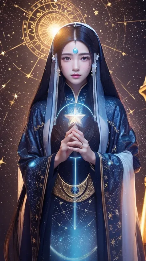 Western astrology、A monument where you can imagine the constellation Aquarius、 young woman、 Fortune Teller、 long hair、 look straight ahead、Mysterious、 less exposed
