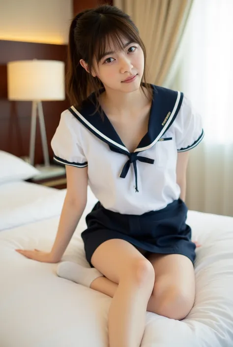 (Masterpiece, Best quality: 1.3), (Ultra realistic, Photo-realistic: 1.3), (nsfw: 1.3), (Full body: 1.2),  Natural light, 28 years old actor, Japanese woman, Neat and clean, (Wearing Sailor suit, short sleeve: 1.2), (Dark navy skirt: 1.2), (Wearing white s...