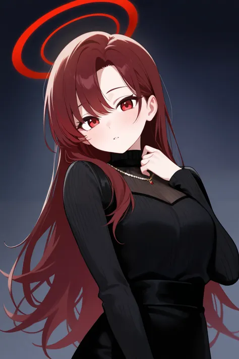 1 girl, Hair length reaches the back, Brown hair and red hair on the edges of the hair, red eyes, but not bright, wear a sexy outfit, หน้าอกไซส์ปานกลาง, have a red halo