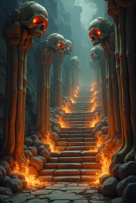 The stairs to the landing above are made of pillars of bone, the skulls
embedded within spewing forth eldritch flames that dance through the air.