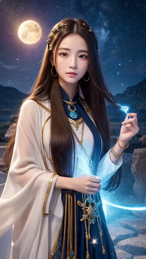 Western astrology、A monument where you can imagine the constellation Aquarius、 young woman、 Fortune Teller、 long hair、 look straight ahead、Mysterious、 less exposed
