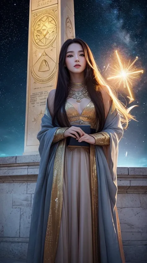 Western astrology、A monument where you can imagine the constellation Aquarius、 young woman、 Fortune Teller、 long hair、 look straight ahead、Mysterious、 less exposed
