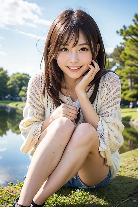 Japanese model sitting holding her knees on the lawn in front of a pond,  cute Japanese woman,   beautiful young woman ,  sophisticated gravure idol 、 looking at camera、Detailed and beautiful eyes、 Cute Smile 、 soft and gentle expression 