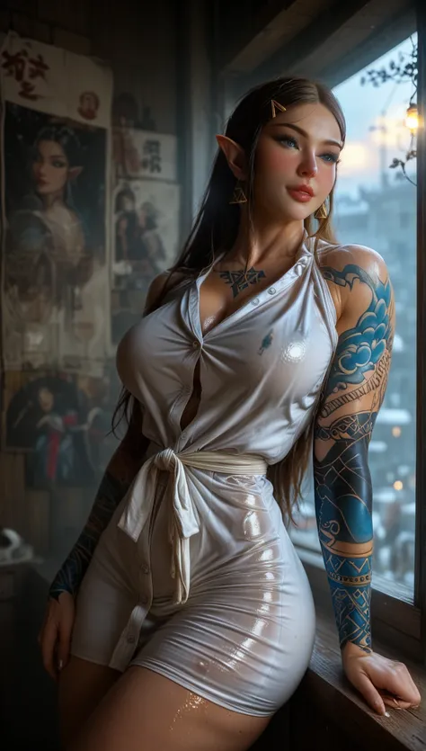 Princess Zelda long hair, Women, I wore a, slender,  25 years,  Person from Japan Sexy muscular female bodybuilder wellnes ,  loose button dress wide hips big breasts tied hair , near a window giving it daylight  ,  angled from below focusing on hips , unc...