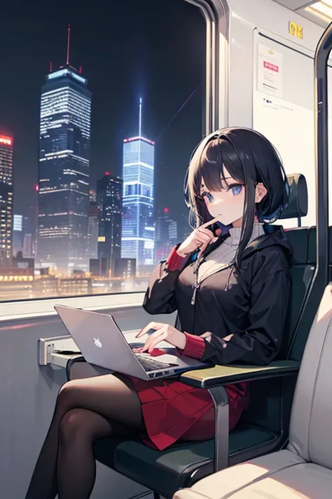   attention to detail ,  Super Detail,  super high resolution, The girl on the train , The outfit is random,  short, She's sitting on a train chair , Late Night,  midnight, Cityscape, A row of skyscrapers, I can see the full moon from between the skyscrape...