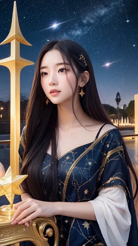 Western astrology、A monument where you can imagine the constellation Aquarius、 young woman、 Fortune Teller、 long hair、 look straight ahead、Mysterious、 less exposed
