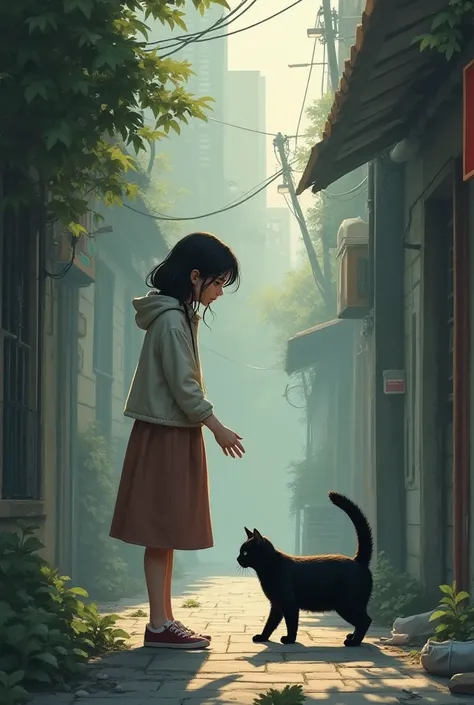 A woman comes to see a black stray cat