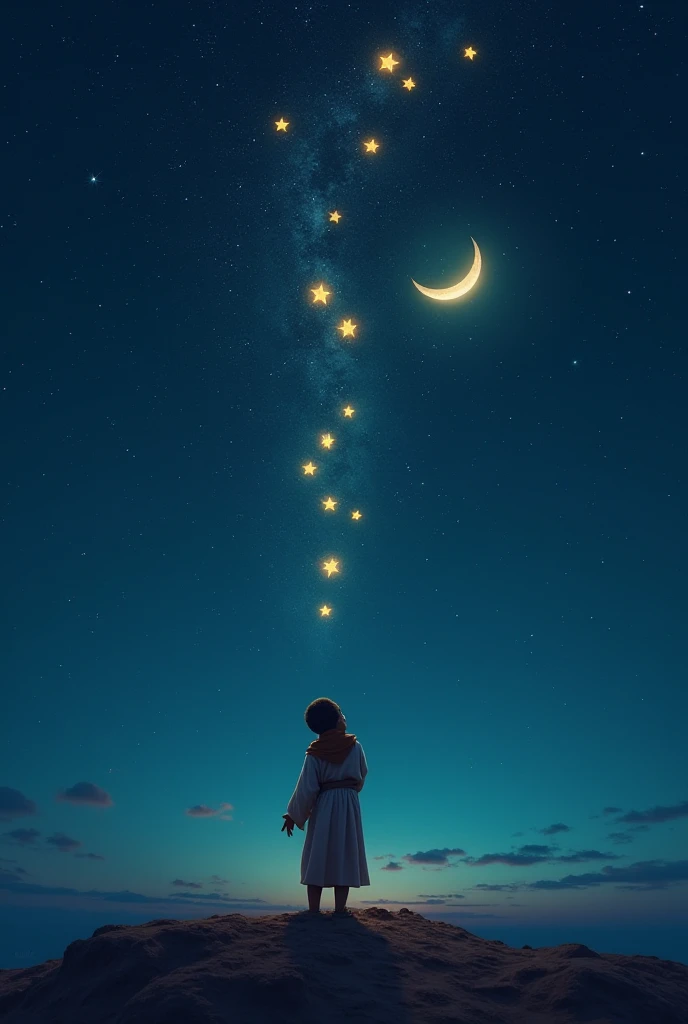 Prompt:
"A young boy (Hazrat Yusuf علیہ السلام) standing under a starry night sky, looking up in awe. Above him, eleven glowing stars, the sun, and the moon are bowing down, symbolizing his prophetic dream."