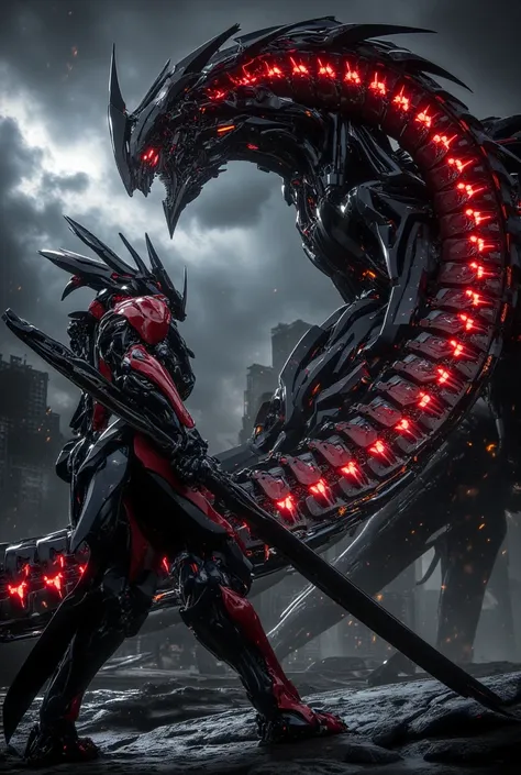 Make me a red and black Mecha fighting against a giant monster inspired by Pacific Rim