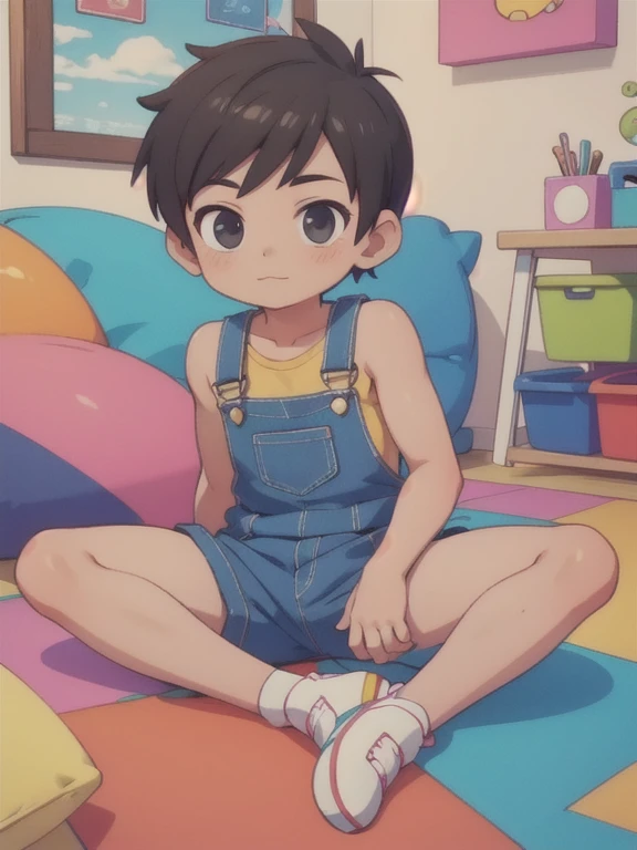 cute young gay boy relaxing overalls shirtless in colorful playroom