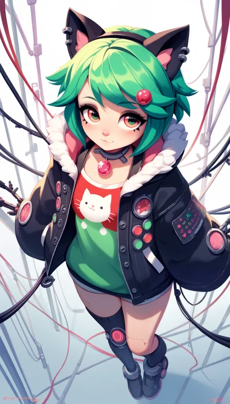    one girl, Decora,    dynamic angle, Breathtaking, the above,  Mandatory Distance Method ,    Oversized Jacket ,  Cat ears , green hair,  cybergoth style  ,  cutetech,    pastel color  ,  cute,  cute色, SF,    reel mechanism   ,    cyborg,  Robotic Parts,...