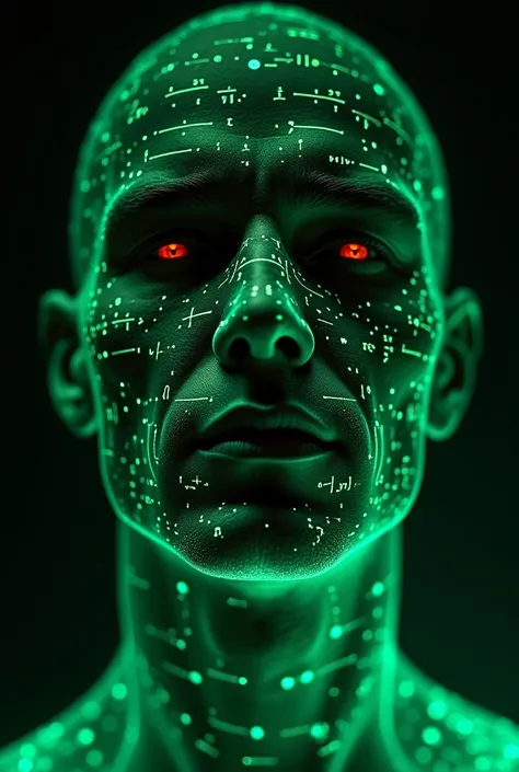 Close-up of a cyborg man's face, glowing green holographic equations projected onto his skin. Intense gauze, realistic features. Dark background, cyberpunk aesthetic. Luminous mathematical formulas, handwritten style. Futuristic, high-tech atmosphere. Phot...