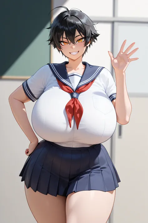 high resolutionx, high quality, high quality eyes, accurate, masterpiece, 1 girl, solo, cute, kawaii, tall female, gigantic breasts, gigantic breasts, plump, wide hips, thick thighs, black hair, short hair, messy hair, ahoge, orange eyes, handsome girl, ha...