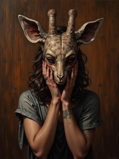  Oil Painting of a Woman Holding an Aragami Mask on Her Face ,The mask covers the face ,Wearing a wooden mask ,木製の wearing a wooden mask , Oil Painting , music video stills .Cover your face with your hands,Oil Coloring Art , wearing a wooden mask , holding...