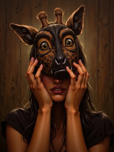  Oil Painting of a Woman Holding an Aragami Mask on Her Face ,The mask covers the face ,Wearing a wooden mask ,木製の wearing a wooden mask , Oil Painting , music video stills .Cover your face with your hands,Oil Coloring Art , wearing a wooden mask , holding...