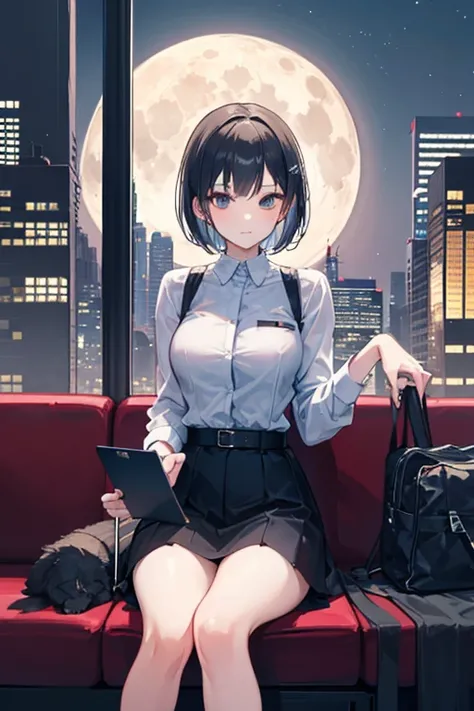   attention to detail ,  Super Detail,  super high resolution, The girl on the train , The outfit is random,  short hair, She's sitting on a train chair , Late Night,  midnight, Cityscape, A row of skyscrapers, I can see the full moon from between the skys...