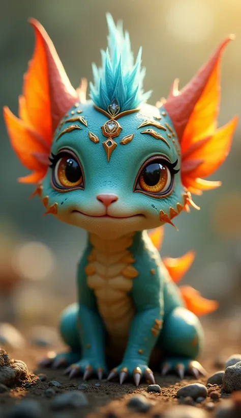 " A small and fluffy fantastic creature ,  with scaly blue-green skin and orange details .  Her eyes are large ,  bright and expressive , conveying innocence and curiosity.  It has pointed ears with red edges and sharp claws , but maintains a friendly post...