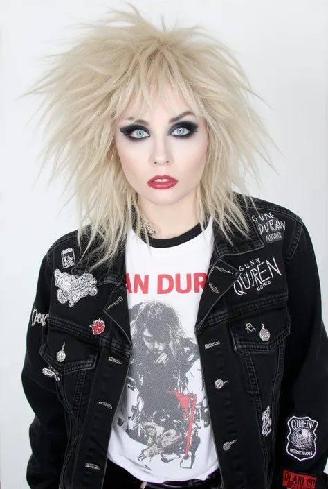  high-quality image:
appearance:  
-  
- Voluminous and messy hair, wavy and pearl blonde.  
- Big blue and expressive eyes,  always with vibrant makeup , black or brown shade, and lip gloss ,  white skin .  
 - Wear denim jackets with pins and patches ,  ...