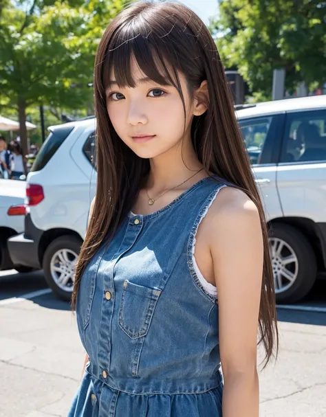  柔らかく温かい雰囲気のとても可愛らしい black hair short bobの美少女,　A fun outing with dad,　Dress stylishly in girly fashion,　 female middle school student, Summer vacation, Amusement Park，one girl,  break,  Very realistic skin texture、high resolution, masterpiece,  anatomicall...