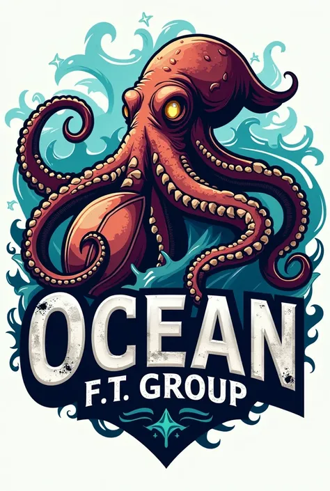 create a football logo with a picture of a pirate octopus holding a football with the name of the ocean f.t group written on it