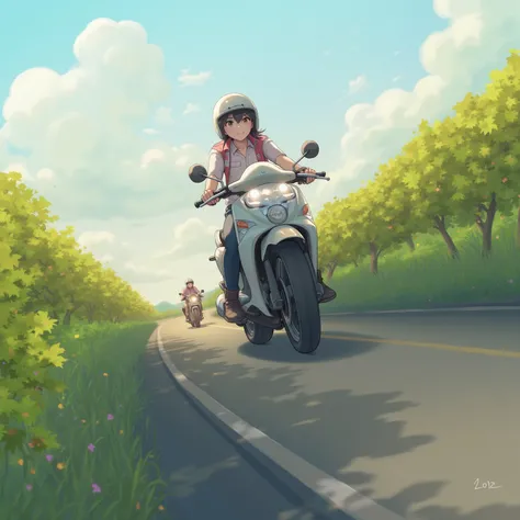 50cc motorcycle driving on country roads、18-year-old girl、jet helmet、 lingering summer in September and the heavy wind、 A grape shelf grown along the national highway 、Motorbike that runs smoothly 