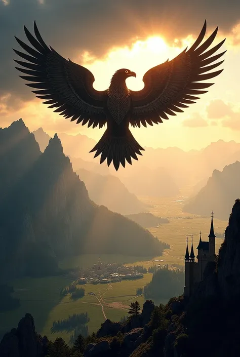 A bold, imposing eagle (inspired by the German Kaiserreich’s imperial eagle), soaring high above a vast landscape of mountains, castles, and fields. The eagle represents the strength, power, and reach of the kaiserreich.
In the background, stormy skies par...