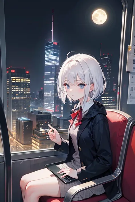   attention to detail ,  Super Detail,  super high resolution, The girl on the train , The outfit is random,  short hair, Hair color is white, She's sitting on a train chair , Late Night,  midnight, Cityscape, A row of skyscrapers, I can see the full moon ...