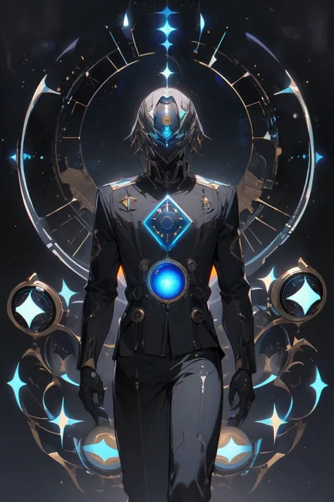 Men Grunts that wear sleek, dark-gray outfit  with glowing accents representing stars, moons, or eclipses. Their uniforms evoke a futuristic, cosmic look. And astral symbols