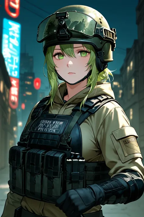  girl、night vision helmet、plate carrier、 tactical gloves、 special forces 、 bloody、assassin、Broken cityscape、Dark Night、A bleak view of the world