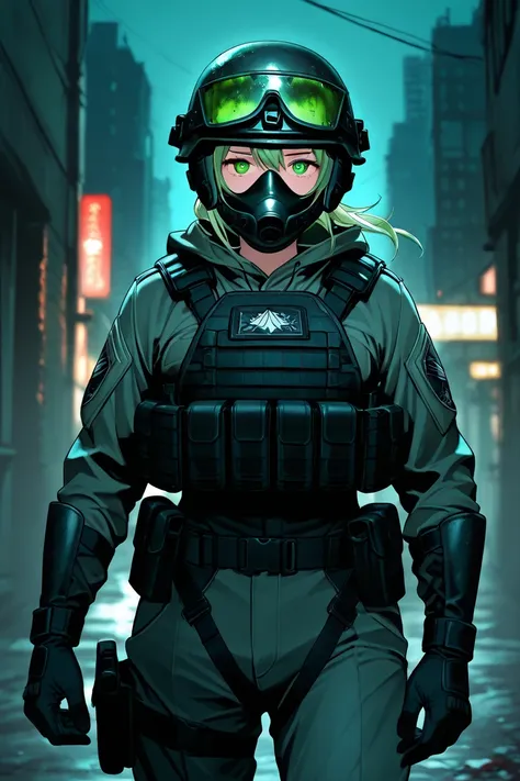  girl、night vision helmet、plate carrier、 tactical gloves、 special forces 、 bloody、assassin、Broken cityscape、Dark Night、A bleak view of the world