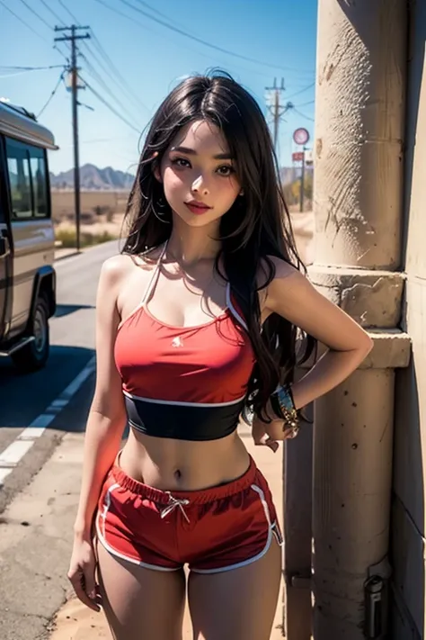 cute tween girl with long dark hair, in peach halter top and tight shorts, outside a desert roadside diner