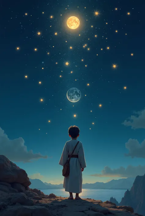 Prompt:
"A young boy (Hazrat Yusuf علیہ السلام) standing under a starry night sky, looking up in awe. Above him, eleven glowing stars, the sun, and the moon are bowing down, symbolizing his prophetic dream."