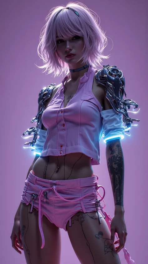 Terrible clothes，shoulder pads，tattoo，arms，gun，pink color，blue， decorative luminous element ，（ light decoration ， Light on body ：1.2），Poorly drawn clothes ， broken fabric lines ， Computer graphics ，Terrible clothes， badly painted clothes 、 broken fabric li...