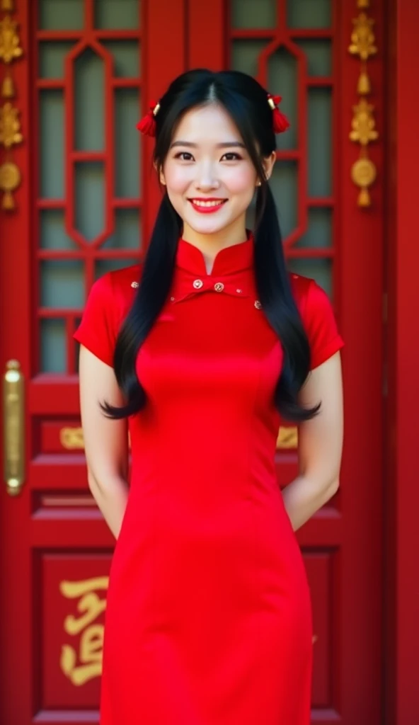 This image shows a woman with long black hair tied into two pigtails, decorated with red accessories. She wore a red qipao (cheongsam) with a modern design that had a short cut and short sleeves. This dress has decorative button details on the shoulders an...