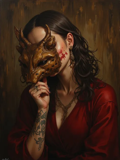  Oil Painting of a Woman Holding an Aragami Mask on Her Face ,The mask covers the face ,Wearing a wooden mask ,木製の wearing a wooden mask , Oil Painting , music video stills .Cover your face with your tattooed hands,Oil Coloring Art , wearing a wooden mask ...