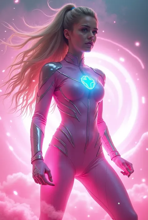 "A wind magic-powered 25-year-old Caucasian female superhero in a bubblegum pink suit with glowing sky cotton candy blue inclusions and silver details, with a cotton candy blue wolf symbol on chest, creating a vortex made of pink wind magic energy. Surroun...