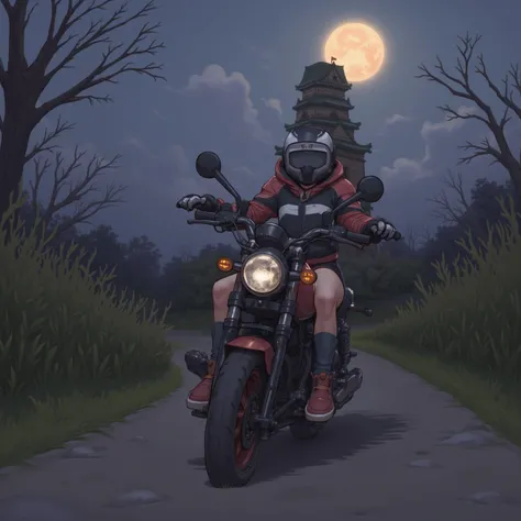 50cc motorcycle driving on country roads、18-year-old girl、jet helmet、October's Cool Autumn Breeze 、Cold night breeze、The harvest moon rises to the castle tower of a Japanese castle、 Careful Motorbike 