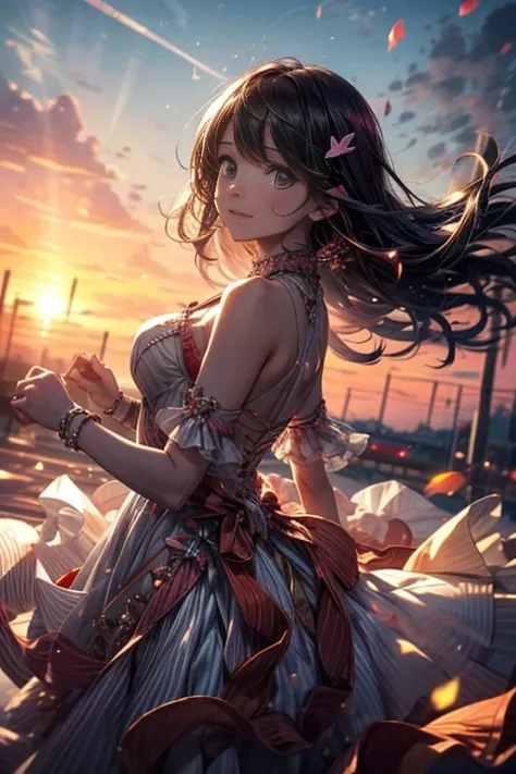  Dancing girl in her lungs , fluttering dress ,  her movements are graceful and full of energy .  She dances in the background of sunset ,  where the sky is painted in warm shades of orange and pink.  her hair flutters in the wind ,  and around her are lig...