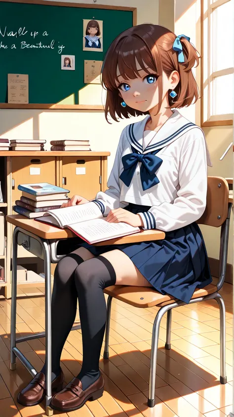 Beautiful anime illustration, high quality, realistic details, rich light and shadow expressions.
A high school girl sitting in a sunlit classroom. She has long, silky brown hair and large, clear blue eyes. She wears a traditional Japanese school uniform (...