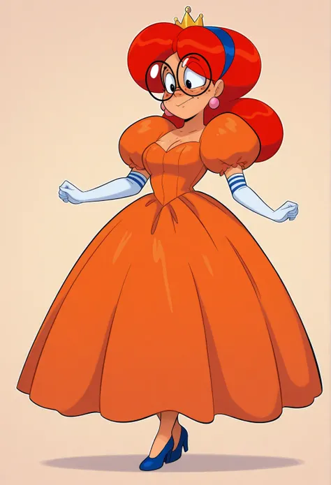 terra mandrile, orange hair, glasses, blue shoes, freckles, crown, orange dress, white gloves, earrings, princess, puffy sleeves, elbow gloves, blue stripes on dress 