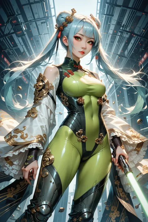 Best quality, beautiful (Asian:2) woman, light blue hair,pigtails, Chinese hair buns and ornaments, Green eyes,Colossal ,White Cybersuit,Bodysuits, battle boots, holding lightsaber, spaceship at the background in the space