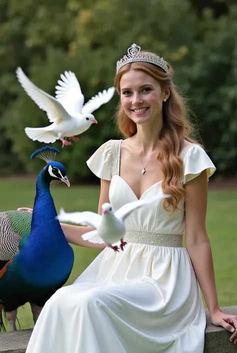 A woman wearing a clean white dress with a royal princess sitting with 5 beautiful white doves flying low up to a woman and a huge peacock with beautiful feathers is in the royal garden directly facing the camera