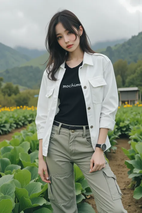 High resolution photo a 20years-old Beautiful pakistani-thai-Korean woman,smile,smooth white skin, well-groomed face, tied black hair, posing in a very fertile and beautiful cabbage field, white jacket, black t-shirt with the name word "Mochiman", cool wat...