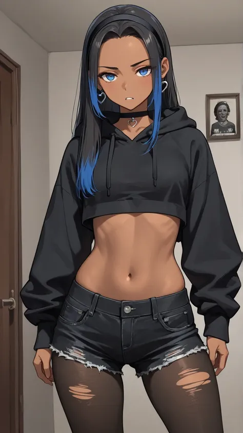 1Girl, Mature, Ebony, African American, Dark Skin, Long Straight hair, Jet Black Hair With Sky-Blue Highlights, Blue Eyes, Medium Chest, Black Crop-Top, Black Cropped High-Cut Hoodie, Black Ripped Pantyhose, Black Tight Cut-Off Jean Shorts, Black Choker, H...