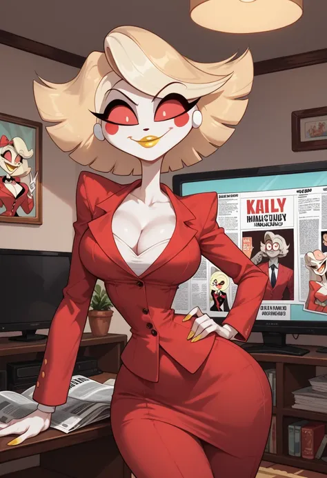 woman, big breasts, blonde hair, red eyes, white skin, yellow lipstick, anime style, thin waist, big hips, television, newspaper, red suit, cleavage, Katie Killjoy, Hazbin Hotel 