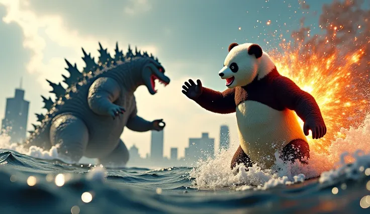 "A superpowered panda delivers a devastating energy-charged punch, sending Godzilla flying backward into the ocean. A massive shockwave spreads, the ocean parts, and skyscrapers tremble from the impact. Epic Pixar-style 3D animation, ultra-detailed, slow-m...