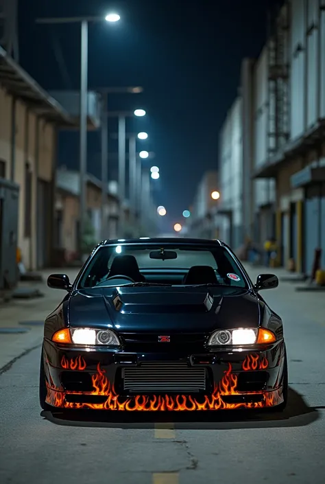 1991 Nissan Skyline GT-R R34、ファイヤーパターンデカールシールcollar、Stop at an industrial area at night 。