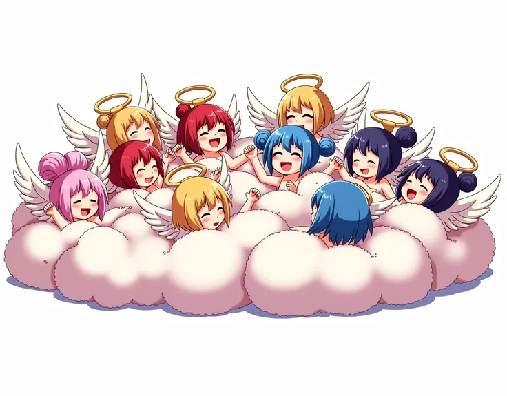 An anime-style illustration depicting many angel-girls playfully wrestling with each other inside a comical fight cloud.
each angel-girl has different colored hair.
their faces,hands,and feet are visible emerging from the cloud as they tussle humorously,  ...